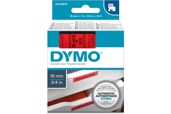 DYMO Schriftband D1 schwarz/rot S0720870 Polyester, ablösbar 19mm/7m