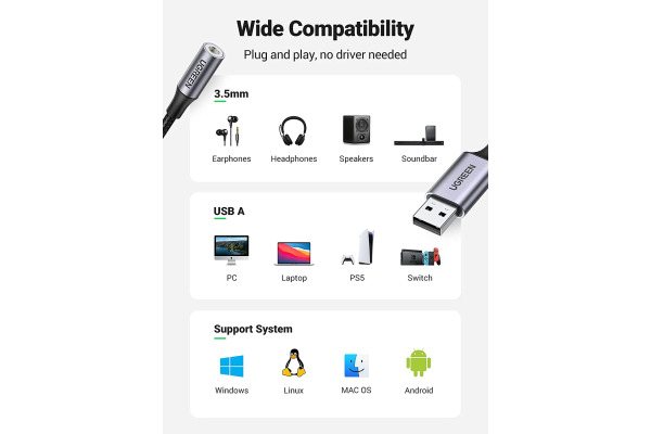 UGREEN Audio Adapter USB 2.0,3.5mm 30757 Aluminum Alloy 25cm,Grey BB