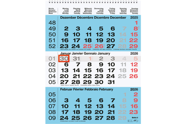 BIELLA 3-Monatskalender Wire-O 2026 889020050 3M/1S blau ML 31x40cm