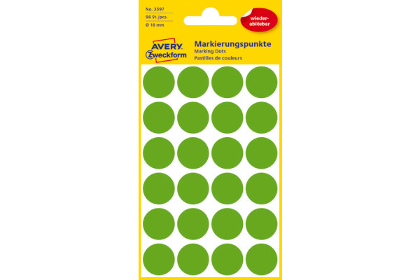 AVERY ZW. Markierungspunkte 18mm 3597 Grün, ablösbar 4 Blatt