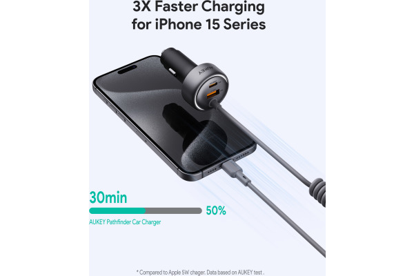 AUKEY Pathfinder Sling Car Char. CC-P2 2-Port,USB-A&C,Buit-in-Cable