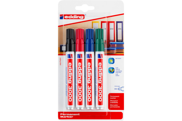 EDDING Permanent Marker 3000 1.5-3mm 3000BLI12 4 Farben ass. Blister