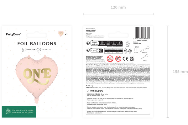 PARTYDECO Folienballon 45cm "FB390-081 Herz ""One"" rosa"