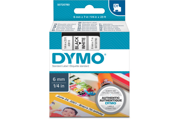 DYMO Schriftband D1 schwarz/weiss S0720780 Polyester, ablösbar 6mm/7m