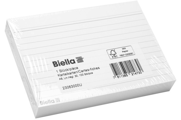 BIELLA Karteikarten liniert 30 A6 23063000U weiss 100 Stück