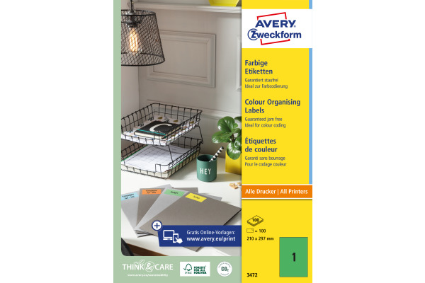 AVERY ZW. Etiketten A4 3472 grün 100 Stück