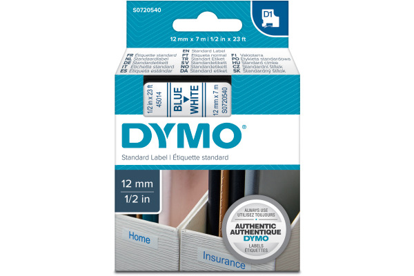 DYMO Schriftband D1 blau/weiss S0720540 Polyester, ablösbar 12mm/7m