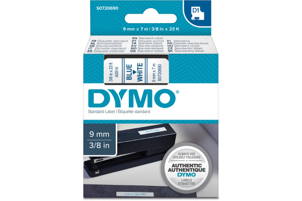 DYMO Schriftband D1 blau/weiss S0720690 Polyester, ablösbar 9mm/7m