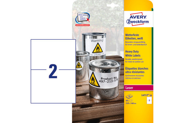 AVERY ZW. Etiketten Laser 210x148mm L471720 weiss, wetterfest 20 Blatt