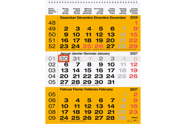 BIELLA 3-Monatskalender Wire-O 2027 889020200 3M/1S gelb ML 31x40cm