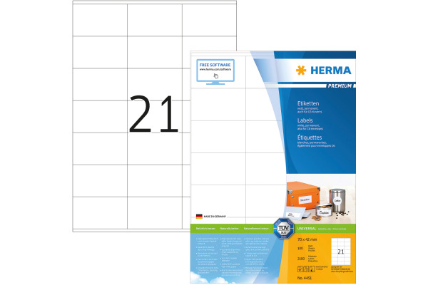 HERMA Universal-Etiketten 70x42mm 4451 weiss 2100 St./100 Blatt