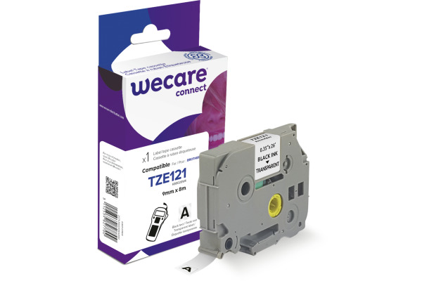 WECARE Band, laminiert schwarz/klar TZE-121 ersetzt Ptouch Tze-121 9mm