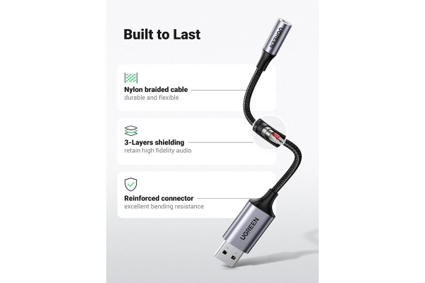 UGREEN Audio Adapter USB 2.0,3.5mm 30757 Aluminum Alloy 25cm,Grey BB