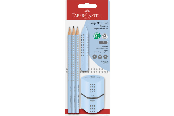 FABER-CA. Bleistift, Radierer, Spitzer B 580074 Grip Set 2001, sky blue