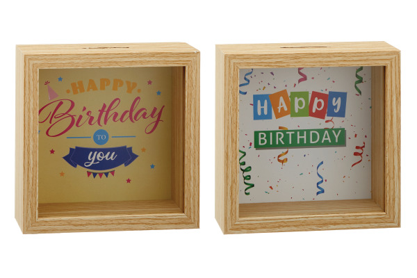 ROOST Spardose Geburtstag  10032463 Holz, ass. 14x14x6cm