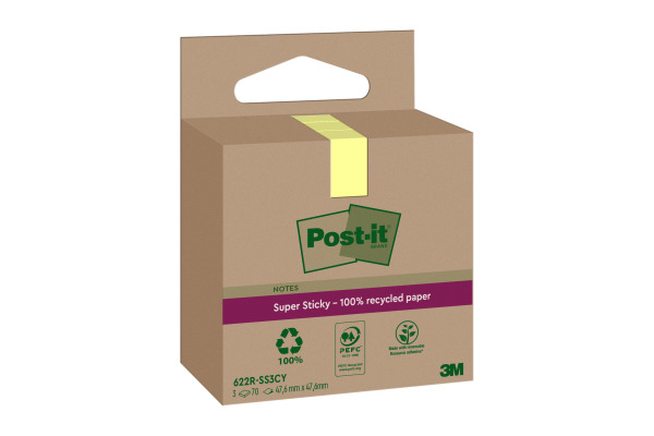 POST-IT SuperSticky Notes 47.6x47.6mm 622 RSS3C Recycling,gelb 3x70 Blatt