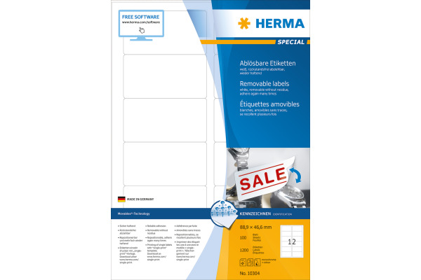 HERMA Etiketten SPECIAL 88.9x46.6mm 10304 weiss,non-perm. 1200St./100Bl.