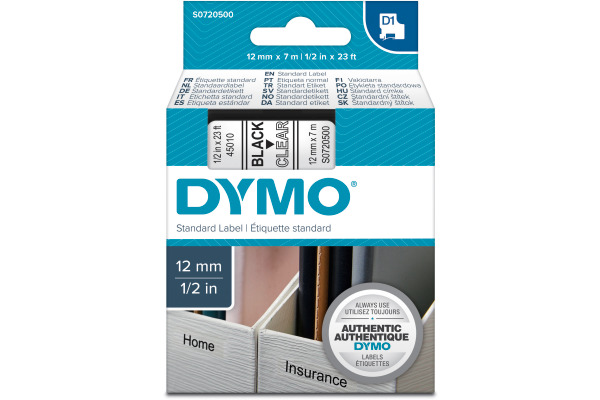 DYMO Schriftband D1 schwarz/transp. S0720500 Polyester, ablösbar 12mm/7m