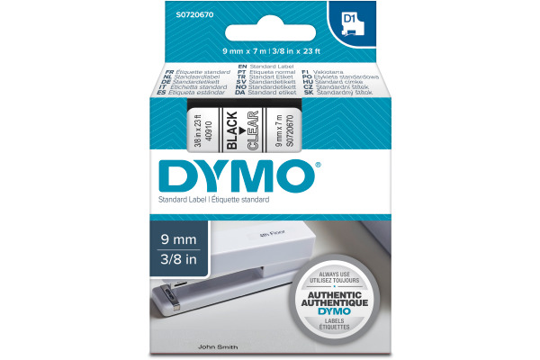 DYMO Schriftband D1 schwarz/transp. S0720670 Polyester, ablösbar 9mm/7m