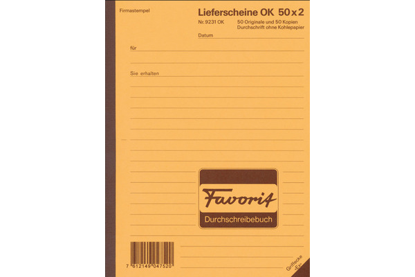 FAVORIT Formularbuch Lieferscheine A5 9231 OK Durchschreibepapier 50x2 Blatt