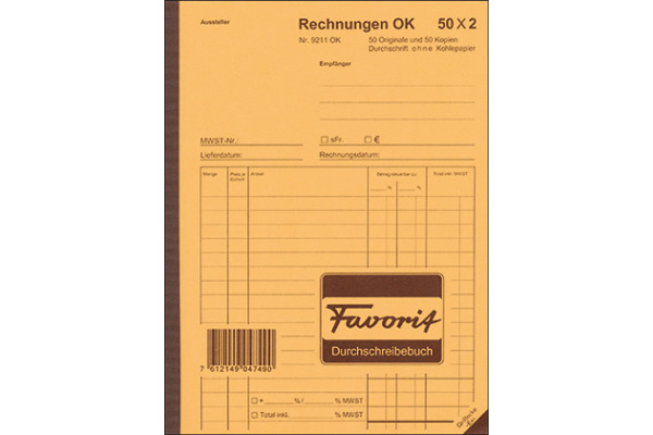 FAVORIT Formularbuch Rechnungen A5 9211 OK Durchschreibepapier 50x2 Blatt