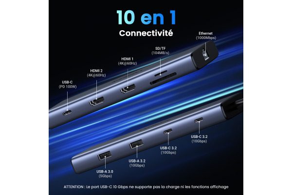 UGREEN 10-in-1 USB-C Hub 45380 10Gbps 4k60Hz, 100W, Gray