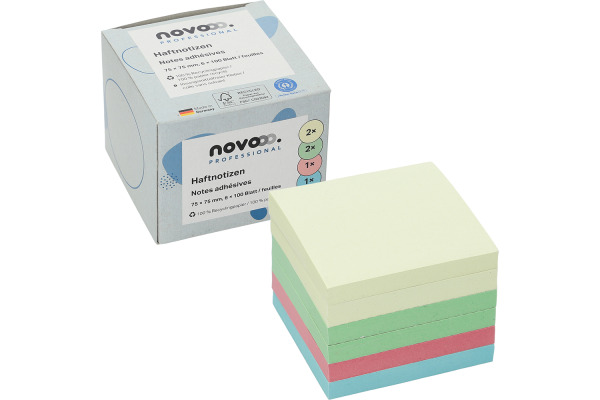 NOVOOO Haftnotizen Recycling 75x75mm 5654-88BO assortiert 6x100 Blatt