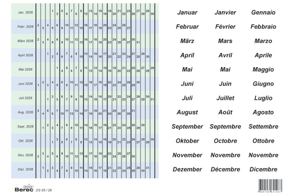 BEREC Datumsstreifenset 2026 DS05/26 selbstklebend 5-Tage-Woche