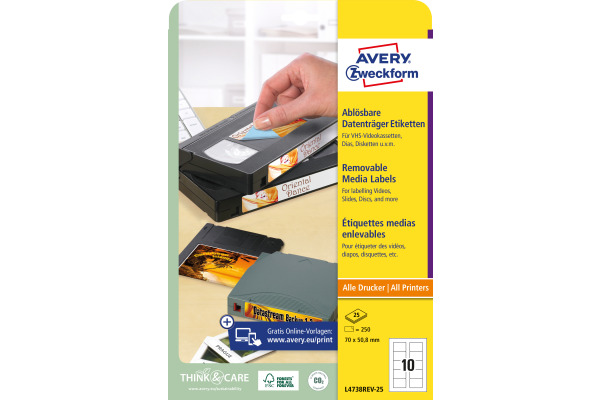 AVERY ZW. Disketten-Etiketten 70x50,8mm L4738REV non-perm. 250 Stk./25 Bl.