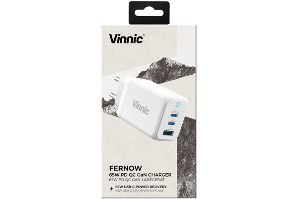VINNIC FERNOW GaN 65W,Wallcharger VPCG-GA65 2x USB C, 1x USB-A, White
