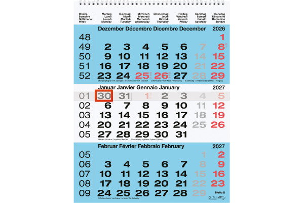 BIELLA 3-Monatskalender Wire-O 2027 889020050 3M/1S blau ML 31x40cm
