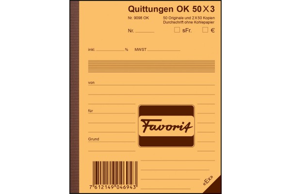 FAVORIT Formularbuch Quittungen A6 9098 OK Durchschreibepapier 50x3 Blatt